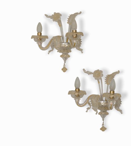 Coppia di lampada da parete in vetro di Murano a foglia oro e particolari in ottone.  - Asta Design Lab - Associazione Nazionale - Case d'Asta italiane