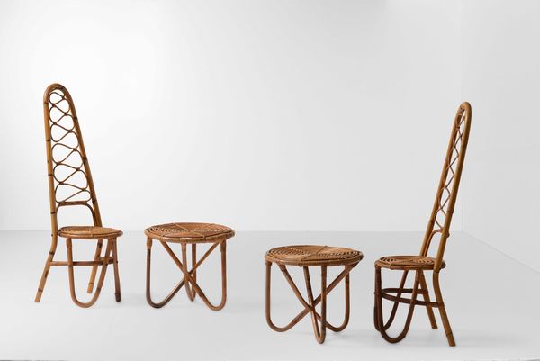 Coppia di sedie e due tavoli bassi in vimini e bamb.  - Asta Design Lab - Associazione Nazionale - Case d'Asta italiane
