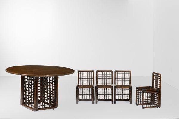 Set composto da un tavolo e quattro sedie con strutture in legno, bamboo e midollino.  - Asta Design Lab - Associazione Nazionale - Case d'Asta italiane