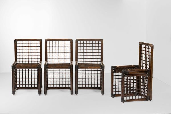 Set composto da un tavolo e quattro sedie con strutture in legno, bamboo e midollino.  - Asta Design Lab - Associazione Nazionale - Case d'Asta italiane