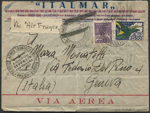 1936, BRASILE, BUSTA DA RIO DE JANEIRO PER GENOVA, DEL 23 FEBBRAIO 1936.  - Asta Filatelia - Associazione Nazionale - Case d'Asta italiane