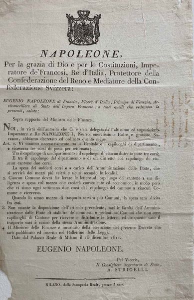 1811, DECRETO 13 DICEMBRE 1811 DI EUGENIO NAPOLEONE.  - Asta Filatelia - Associazione Nazionale - Case d'Asta italiane