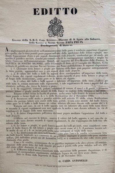 EDITTO DI GRANDE FORMATO DEL 29 NOVEMBRE 1851.  - Asta Filatelia - Associazione Nazionale - Case d'Asta italiane