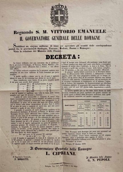DECRETO DEL GOVERNATORE GENERALE DELLE ROMAGNE CIPRIANI DEL 27 OTTOBRE 1859.  - Asta Filatelia - Associazione Nazionale - Case d'Asta italiane