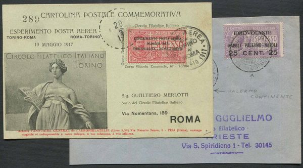 1917, POSTA AEREA UNA CARTOLINA ESPERIMENTO DI POSTA AEREA-TORINO-ROMA.  - Asta Filatelia - Associazione Nazionale - Case d'Asta italiane