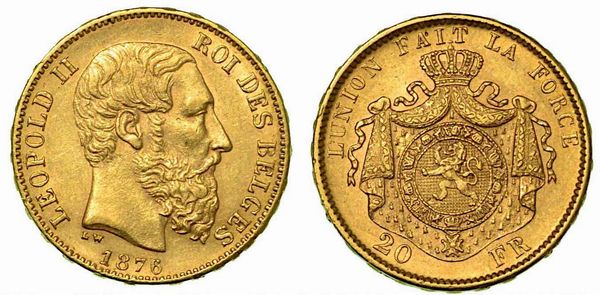 BELGIO. Leopold II, 1865-1909. 20 Francs 1876.  - Asta Numismatica - Associazione Nazionale - Case d'Asta italiane