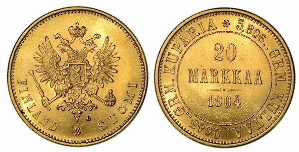 FINLANDIA. Occupazione russa. Nicholas II, 1894-1917. 20 Markkaa 1904.  - Asta Numismatica - Associazione Nazionale - Case d'Asta italiane