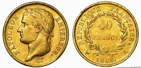 FRANCIA. Napoleon I, 1801-1815. 40 Francs 1808, zecca di Parigi.  - Asta Numismatica - Associazione Nazionale - Case d'Asta italiane