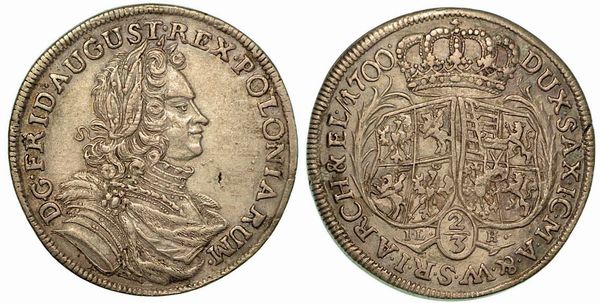 GERMANIA - SASSONIA. Friedrich August I, 1694-1733. 2/3 Thaler 1700.  - Asta Numismatica - Associazione Nazionale - Case d'Asta italiane