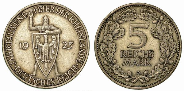 GERMANIA - REPUBBLICA DI WEIMAR, 1919-1933. 5 Reichsmark 1925 (Millenario Renania).  - Asta Numismatica - Associazione Nazionale - Case d'Asta italiane