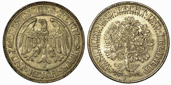 GERMANIA - REPUBBLICA DI WEIMAR, 1919-1933. 5 Reichsmark 1927F.  - Asta Numismatica - Associazione Nazionale - Case d'Asta italiane
