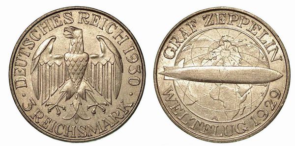 GERMANIA - REPUBBLICA DI WEIMAR, 1919-1933. 3 Reichsmark 1930, zecca di Berlino.  - Asta Numismatica - Associazione Nazionale - Case d'Asta italiane