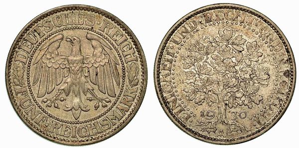 GERMANIA - REPUBBLICA DI WEIMAR, 1919-1933. 5 Reichsmark 1930A.  - Asta Numismatica - Associazione Nazionale - Case d'Asta italiane