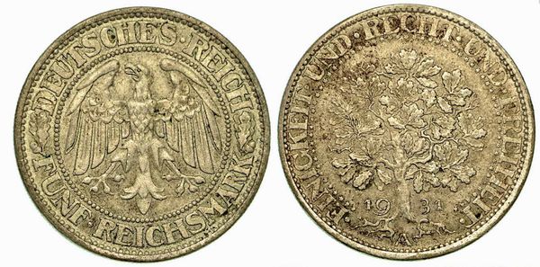 GERMANIA - REPUBBLICA DI WEIMAR, 1919-1933. 5 Reichsmark 1931A.  - Asta Numismatica - Associazione Nazionale - Case d'Asta italiane