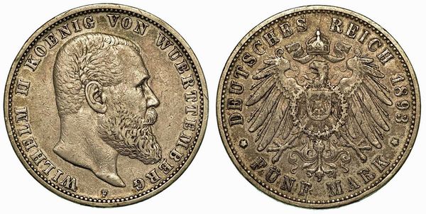 GERMANIA - WURTTEMBERG. Wilhelm II, 1891-1918. 5 Mark 1893.  - Asta Numismatica - Associazione Nazionale - Case d'Asta italiane