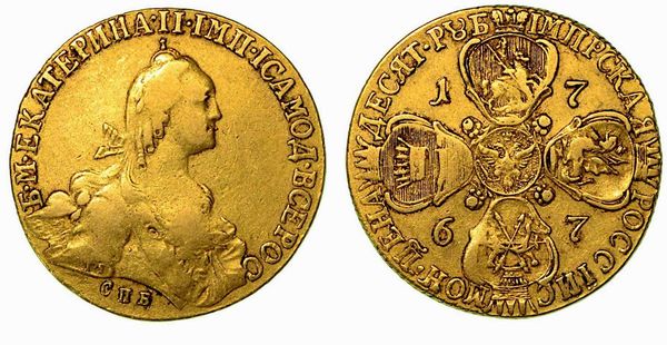 RUSSIA. Katerina II, 1762-1796. 10 Rubli 1767, zecca di San Pietroburgo.  - Asta Numismatica - Associazione Nazionale - Case d'Asta italiane