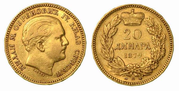 SERBIA. Milan Obrenovic IV, 1854-1901. 20 Dinara 1882, zecca di Vienna.  - Asta Numismatica - Associazione Nazionale - Case d'Asta italiane