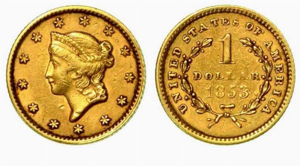 USA. Liberty dollar in oro 1853, zecca di Philadelphia.  - Asta Numismatica - Associazione Nazionale - Case d'Asta italiane