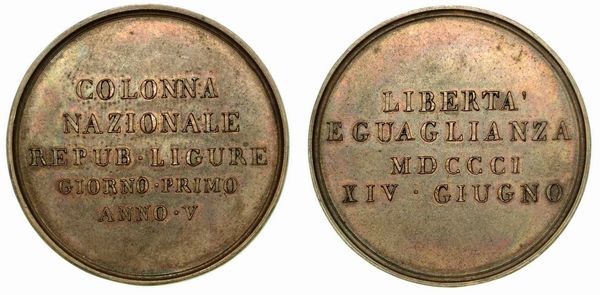 COLONNA NAZIONALE REPUBBLICA LIGURE. Medaglia in bronzo 1801.  - Asta Numismatica - Associazione Nazionale - Case d'Asta italiane
