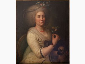 Scuola veneta del XVIII/XIX secolo - Ritratto di dama con fiori e cagnolino
