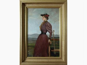 Scuola francese della fine del XIX secolo - Ritratto di signora in un paesaggio