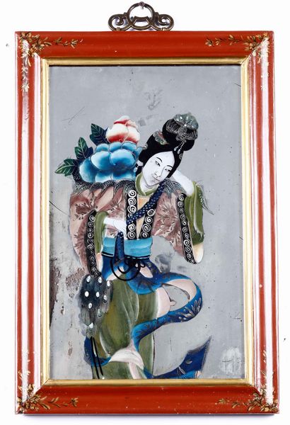 Dipinto su specchio raffigurante fanciulla con fiori, Cina, XX secolo  - Asta Arte Orientale | Cambi Time - Associazione Nazionale - Case d'Asta italiane