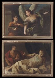 ARTISTA DEL XVIII SECOLO - Coppia di dipinti raffiguranti Tobiolo e l'angelo e Tarquinio e Lucrezia.
