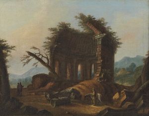 ARTISTA DEL XVIII-XIX SECOLO - Paesaggio con le rovine del tempio di Minerva Medica.