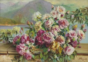 BARZANTI LICINIO (1857 - 1944) - Paesaggio lagunare con fiori.