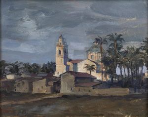 VERNI ARTURO (1891 - 1960) - Paesaggio con chiesa e case.