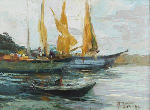 VERNI ARTURO (1891 - 1960) - Marina con barche e personaggi.