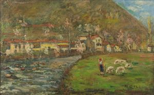 DOLCI  MARTINO (1912 - 1994) - Paesaggio montano con contadina e pecore.