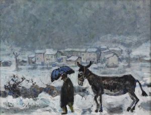 GAROSIO OTTORINO (1904 - 1980) - Paesaggio invernale con asino e personaggio.