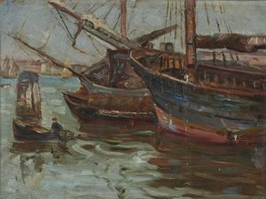 NOVATI MARCO (1895 - 1975) - Marina con barche e personaggi.
