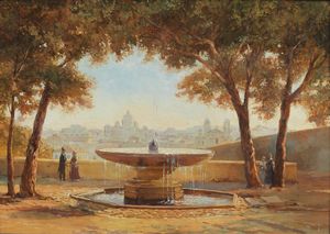 ARTISTA DELLA FINE DEL XIX SECOLO - La fontana della palla di cannone davanti a Villa Medici sul Pincio.