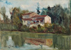 CHERUBINI CARLO (1897 - 1978) - Paesaggio fluviale con casa.