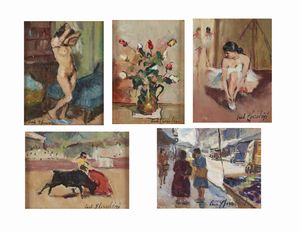 CHERUBINI CARLO (1897 - 1978) - Gruppo di cinque dipinti raffiguranti nudo di donna. natura morta di fiori. ballerina. torero. paesaggio con figure.