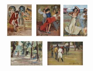 CHERUBINI CARLO (1897 - 1978) - Gruppo di cinque dipinti raffiguranti cavallerizzo. viale alberato. ballerina. donna di strada. ballerina sulla spiaggia.