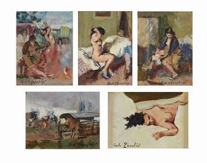 CHERUBINI CARLO (1897 - 1978) - Gruppo di cinque dipinti raffiguranti nudo di donna. ballerina con suonatore di chitarra. paesaggio con baracca in legno. nudo di donna. ritratto di donna.