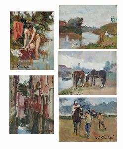 CHERUBINI CARLO (1897 - 1978) - Gruppo di cinque dipinti raffiguranti nudo di donna. paesaggio fluviale. canale veneziano. paesaggio con cavalli. cavallerizzo.