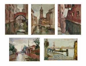 CHERUBINI CARLO (1897 - 1978) - Gruppo di cinque dipinti raffiguranti paesaggi veneziani.