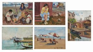 CHERUBINI CARLO (1897 - 1978) - Gruppo di cinque dipinti raffiguranti paesaggio con contadine. paesaggio con figura femminile. paesaggio marino. scorcio veneziano. veduta dell'isola di San Giorgio.