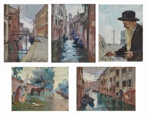 CHERUBINI CARLO (1897 - 1978) - Gruppo di cinque dipinti raffiguranti canale veneziano. ritratto di pittore. canale veneziano. paesaggio con figure e cavallo. canale veneziano.