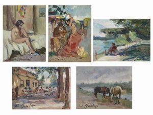 CHERUBINI CARLO (1897 - 1978) - Gruppo di cinque dipinti raffiguranti nudo di donna. ballerina. paesaggio con figure. paesaggio con cavalli. paesaggio con figure.