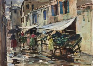 PRIVATO COSIMO (1899 - 1971) - Paesaggio veneziano con personaggi.