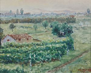 PASINETTI GIOVANNI NEI (1894 - 1979) - Paesaggio montano con casolare.
