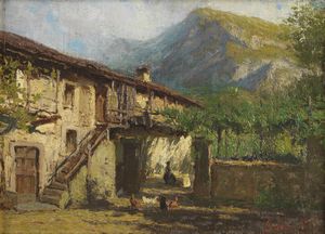 ARTISTA DEL XIX-XX SECOLO - Paesaggio con cascina e contadino.