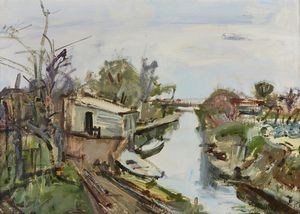 MORI NENO (1899 - 1968) - Paesaggio fluviale con barca.