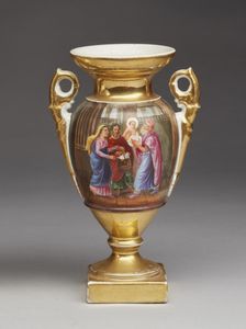 MANIFATTURA DEL XIX SECOLO - Vasetto in porcellana policroma e parzialmente dorata con scena sacra e paesaggio.