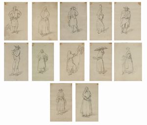 ARTISTA VENETO DEL XIX SECOLO - Gruppo di dodici disegni raffiguranti personaggi in abiti ottocenteschi.